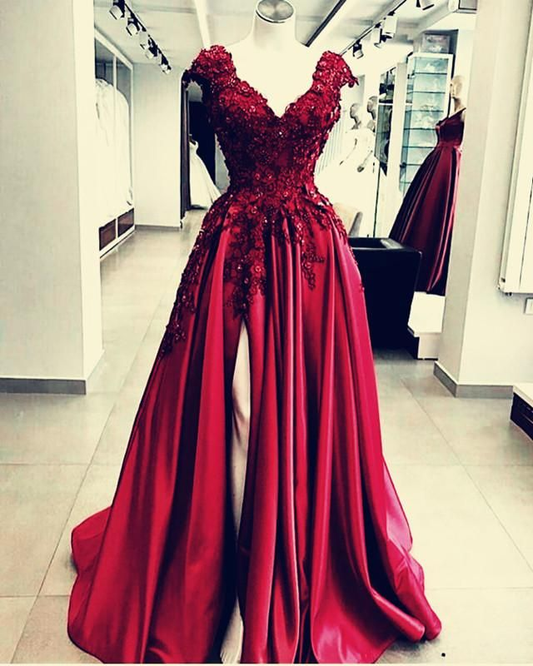 Lace Flowers Beaded Cap Sleeves V-Neck Prom Dresses Split Prom Gown