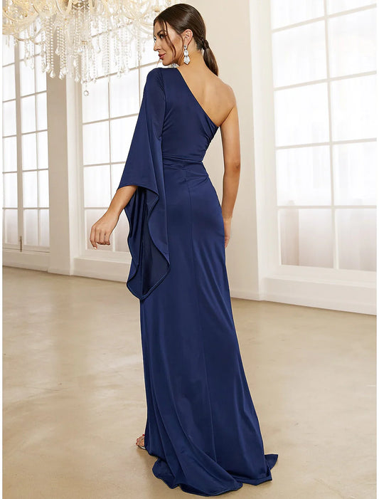 A-Line Evening Gown Elegant Dress Formal Fall Sweep / Brush Train Long Sleeve One Shoulder Fabric with Pleats Ruched Slit