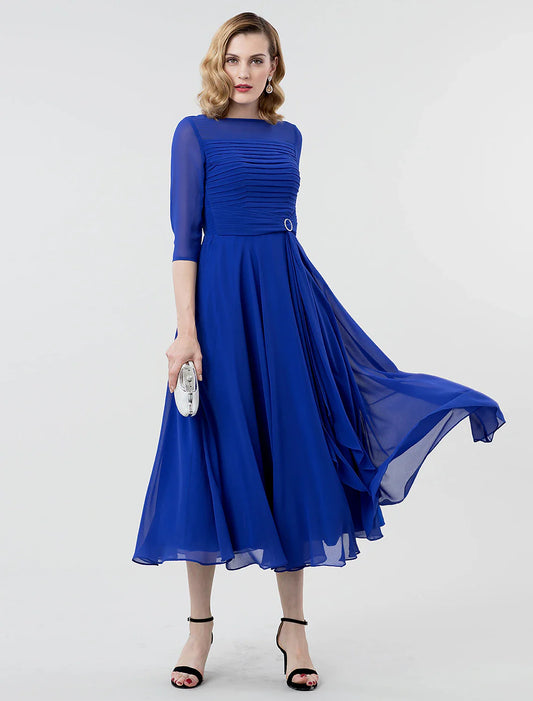 A-Line Elegant Formal Evening Wedding Party Dress Boat Neck 3/4 Length Sleeve Tea Length Georgette with Ruched Crystal Brooch 2026 / Illusion Sleeve