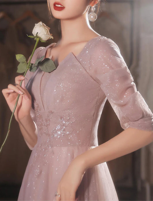 A-Line Beautiful Back Elegant Prom Formal Evening Dress V Neck V Back 3/4 Length Sleeve Floor Length Lace with Appliques 2026