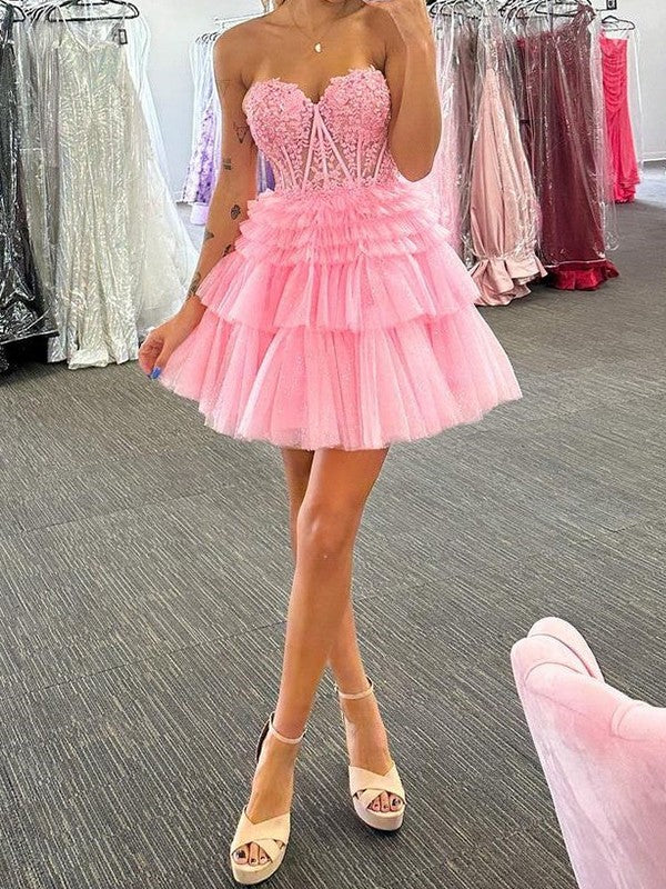 A-line skirt princess sheer inlaid with sweet sleeveless short tight fitting corset Homecoming Dress