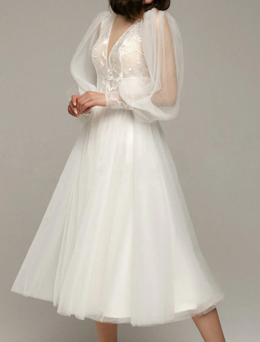 Hall Vintage 1940s / 1950s Little White Dresses Wedding Dresses A-Line V Neck Long Sleeve Tea Length Satin Bridal Gowns With Appliques Solid Color