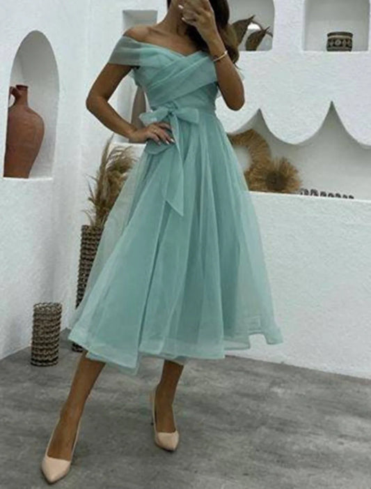 A-Line Cocktail Dresses 1950s Dress Wedding Guest Birthday Tea Length Sleeveless Off Shoulder Belt / Sash Organza with Ruched 2026