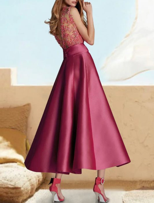 A-Line Cocktail Dresses Floral Dress Formal Wedding Guest Tea Length Sleeveless Jewel Neck Fall Wedding Guest Satin with Sash / Ribbon Appliques 2026