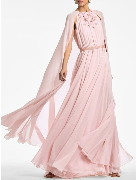 A-Line Evening Gown Elegant Dress Wedding Party Wear Floor Length Sleeveless Jewel Neck Capes Chiffon with Rhinestone
