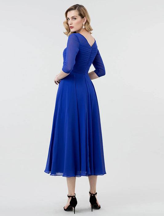 A-Line Elegant Formal Evening Wedding Party Dress Boat Neck 3/4 Length Sleeve Tea Length Georgette with Ruched Crystal Brooch 2026 / Illusion Sleeve