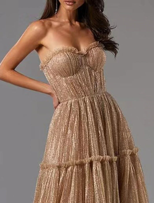 A-Line Evening Gown Glittering Dress Formal Wedding Guest Floor Length Sleeveless Strapless Tulle with Pleats 2026