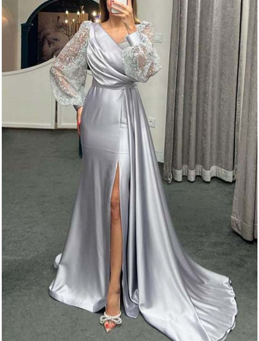 A-Line Evening Gown Elegant Dress Formal Christmas Red Green Dress Court Train Long Sleeve V Neck Satin with Pleats Ruched Slit 2026