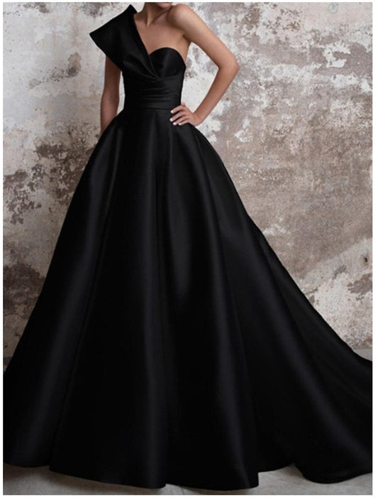 A-Line Evening Gown Party Black Dress Plus Size Party Wear Church Court Train Sleeveless One Shoulder Italy Satin Backless with Ruched 2026