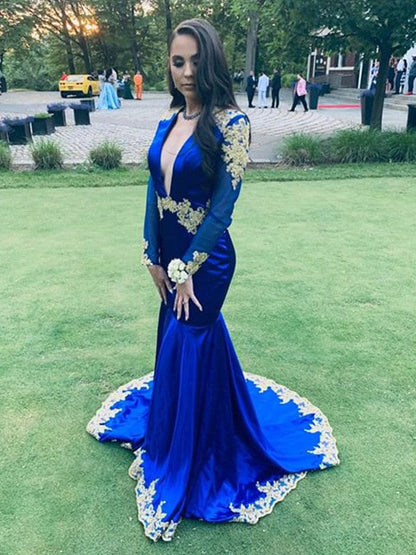 Trumpet/Mermaid Long Sleeves Silk like Satin V-neck Applique Sweep/Brush Train Dresses