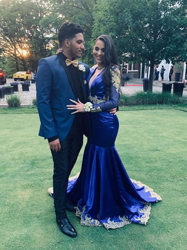 Trumpet/Mermaid Long Sleeves Silk like Satin V-neck Applique Sweep/Brush Train Dresses