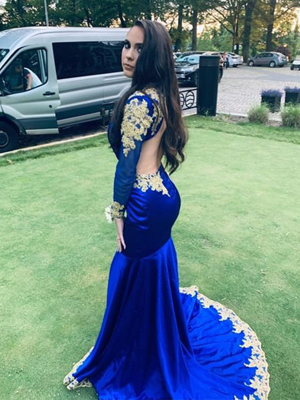 Trumpet/Mermaid Long Sleeves Silk like Satin V-neck Applique Sweep/Brush Train Dresses