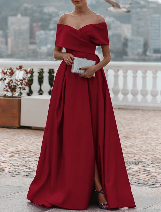 A-Line Evening Gown Christmas Red Green Dress Celebrity Style Dress Formal Wedding Court Train Sleeveless Off Shoulder Bridesmaid Dress Satin with Ruched Slit 2026