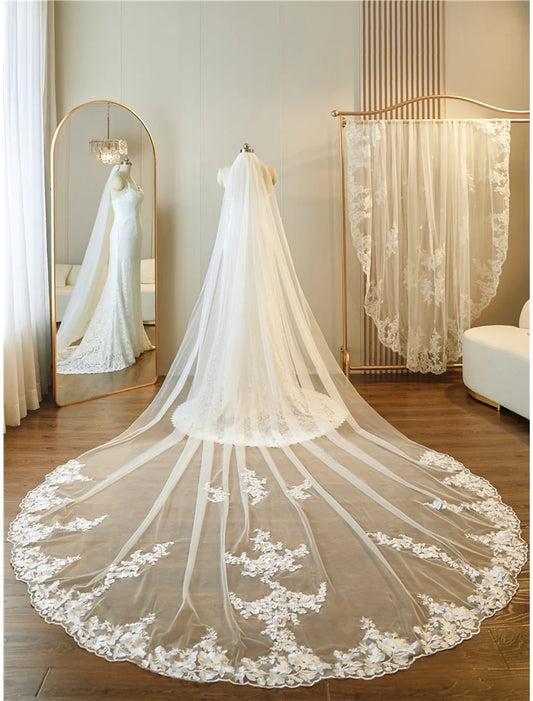 Jimss single layer Lace Stickers Lace/Lace Wedding Veil Embroidery Cathedral Veil/Stickers/Bow 137.8 inches (300 cm) sheer