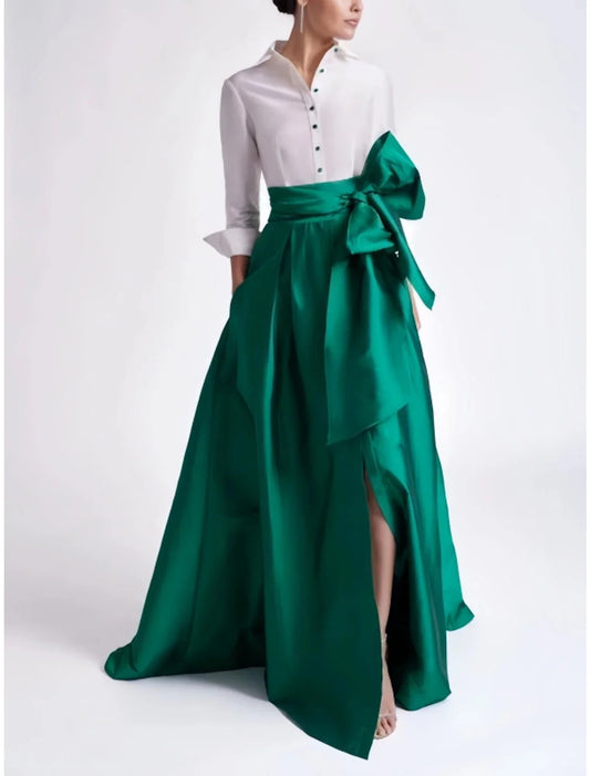 A-Line Evening Gown Elegant Red Green Dress Formal Wedding Guest Sweep / Brush Train 3/4 Length Sleeve Shirt Collar Satin with Bow(s) Slit