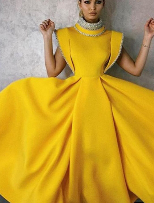 A-Line Elegant Vintage Party Wear Formal Evening Dress High Neck Sleeveless Tea Length Fabric with Beading