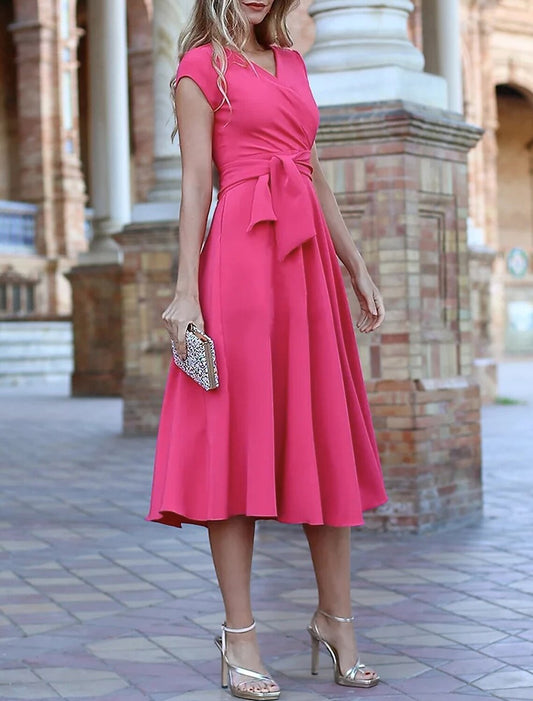 A-Line Cocktail Dresses Empire Dress Formal Wedding Guest Tea Length Short Sleeve V Neck Chiffon with Sash / Ribbon Pure Color