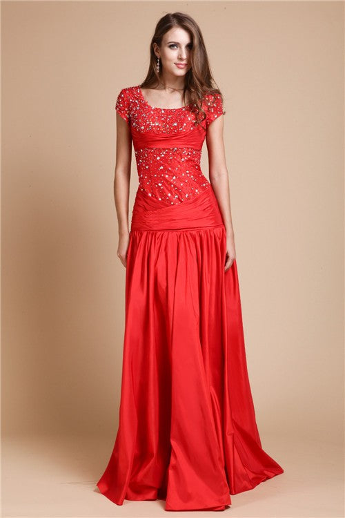 A-Line/Princess Scoop Long Beading Short Sleeve Taffeta Dresses