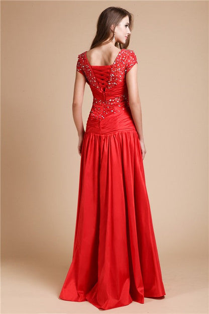 A-Line/Princess Scoop Long Beading Short Sleeve Taffeta Dresses