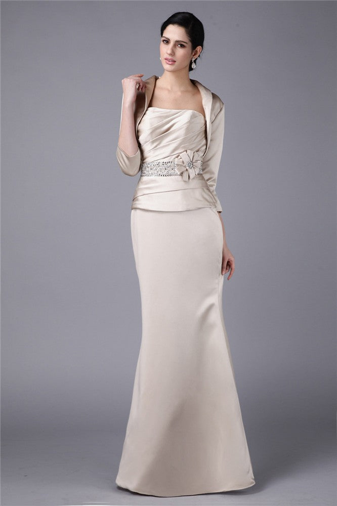 Sheath/Column Strapless Beading Hand-Made Flower Woven Satin Mother of the Bride Dresses