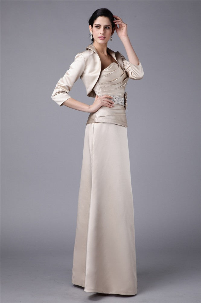 Sheath/Column Strapless Beading Hand-Made Flower Woven Satin Mother of the Bride Dresses