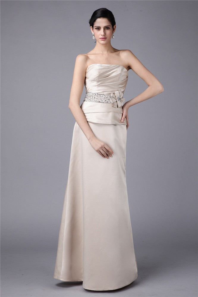 Sheath/Column Strapless Beading Hand-Made Flower Woven Satin Mother of the Bride Dresses