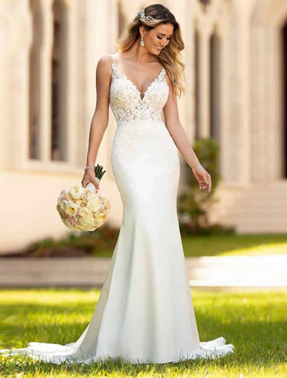 Engagement Open Back Sexy Formal Wedding Dresses Mermaid / Trumpet V Neck Sleeveless Court Train Lace Bridal Gowns With Appliques Summer Wedding Party Women's Clothing