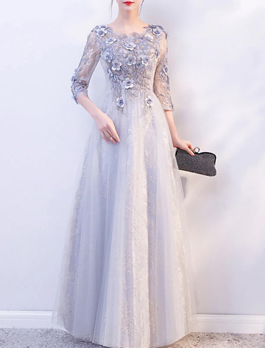 A-Line Evening Gown Elegant Dress Wedding Guest Formal Evening Floor Length 3/4 Length Sleeve Jewel Neck Tulle with Appliques