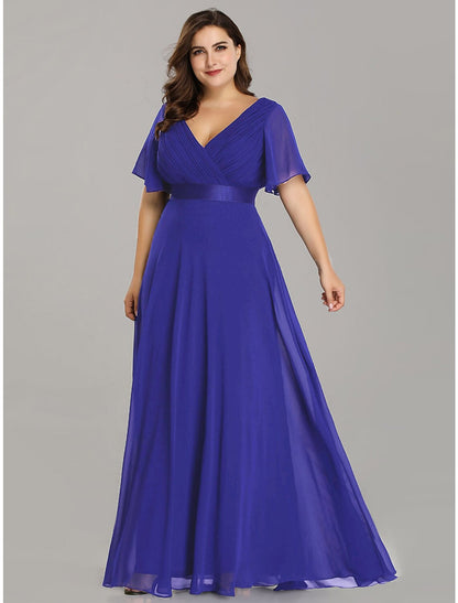 A-Line Mother of the Bride Dress Plus Size Elegant V Neck Floor Length Chiffon Short Sleeve with Sash / Ribbon Ruching