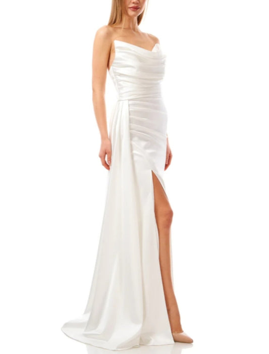 A-Line Evening Gown Elegant Dress Formal Sweep / Brush Train Sleeveless Strapless Satin with Pleats Ruched Slit