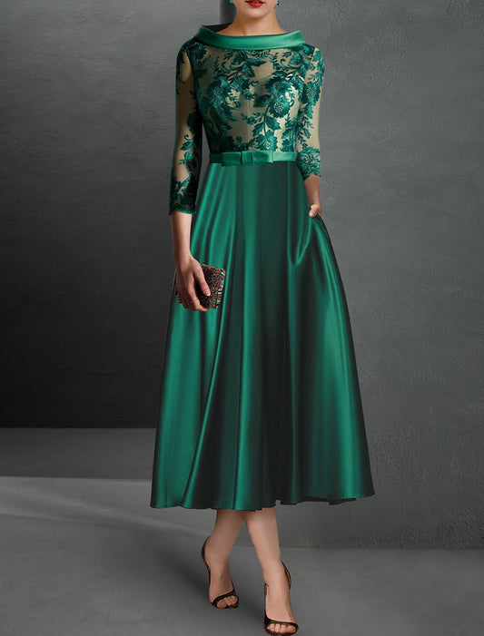 A-Line Cocktail Dress Christmas Red Green Dresses Floral Dress Christmas Red Green Dress Formal Wedding Guest Tea Length 3/4 Length Sleeve Jewel Neck Satin with Ruched Appliques
