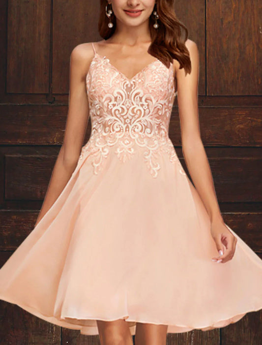 A-Line Cocktail Party Dress Plus Size Dress Homecoming Graduation Short / Mini Sleeveless V Neck Pink Dress Tulle with Appliques 2026
