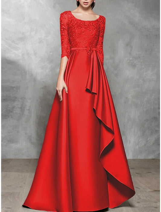 A-Line Evening Gown Black Dress Plus Size Elegant Dress Formal Wedding Floor Length Half Sleeve Scoop Neck Satin with Pleats 2026