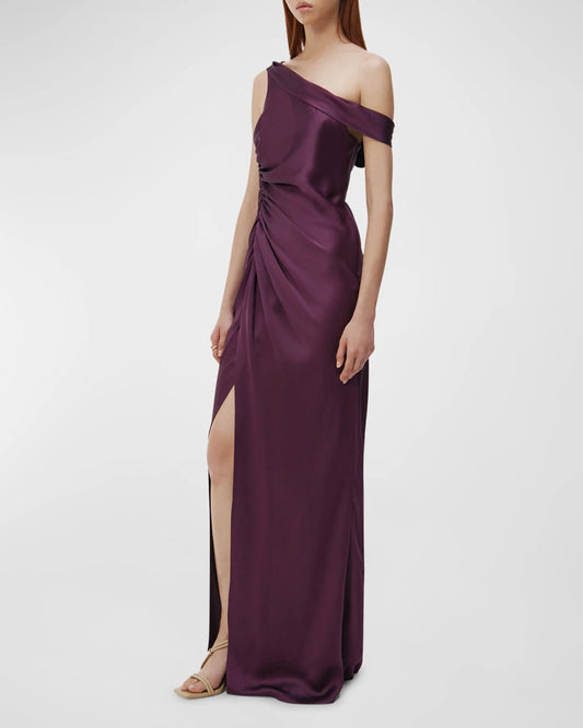 A noble one shoulder sleeveless off the shoulder and floor length prom dress