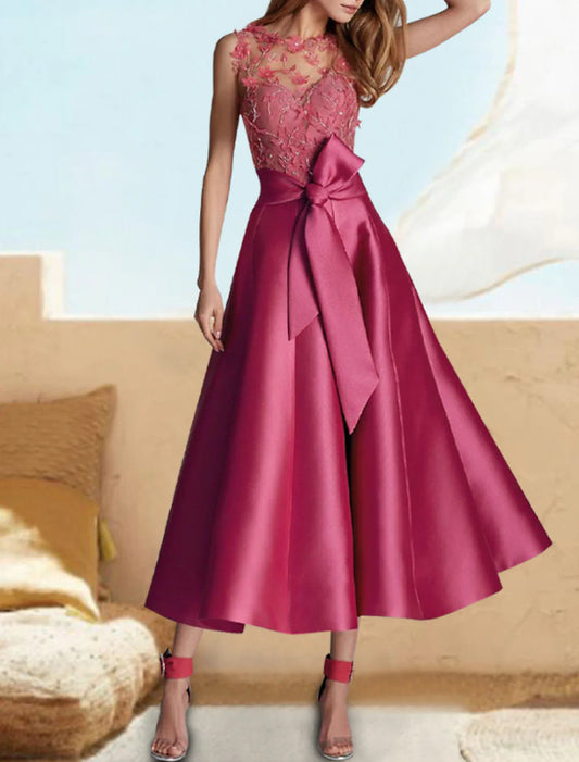 A-Line Cocktail Dresses Floral Dress Formal Wedding Guest Tea Length Sleeveless Jewel Neck Fall Wedding Guest Satin with Sash / Ribbon Appliques 2026
