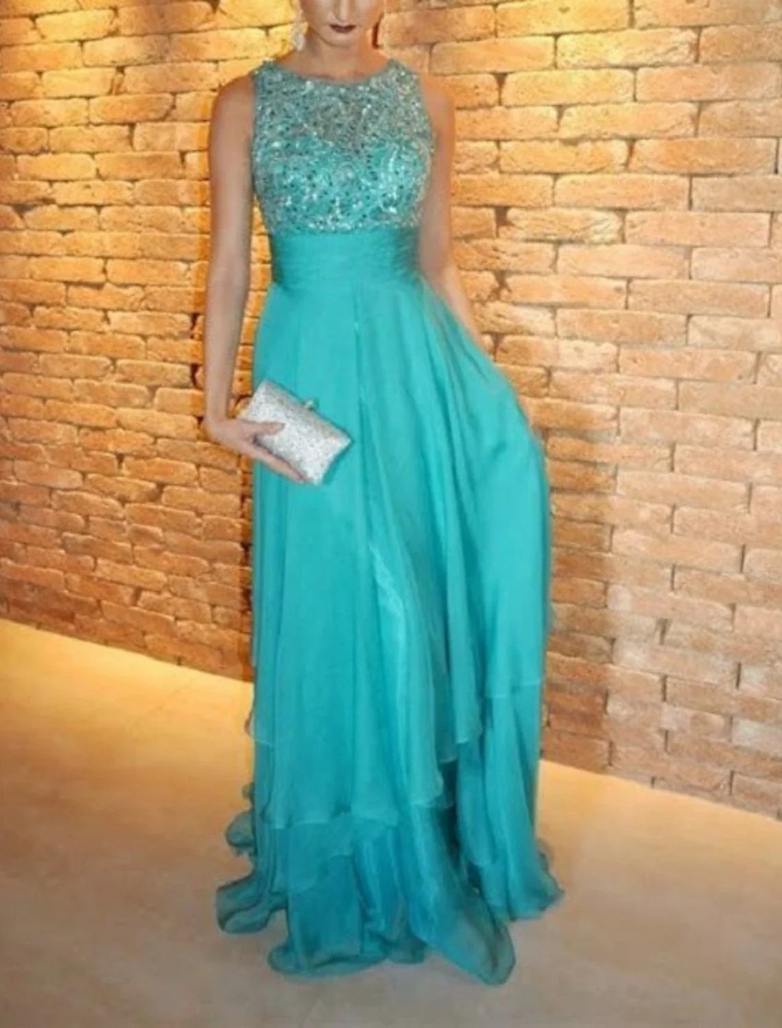 A-Line Evening Gown Elegant Dress Formal Wedding Guest Sweep / Brush Train Sleeveless Jewel Neck Chiffon with Rhinestone