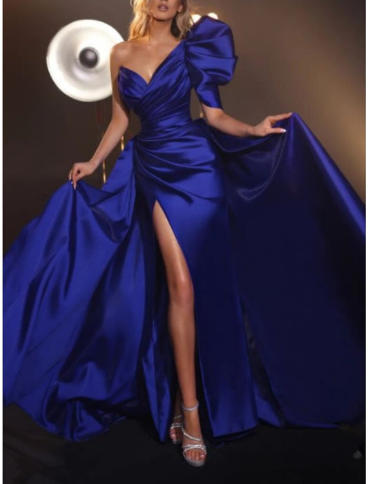 A-Line Evening Gown Elegant Dress Formal Sweep / Brush Train Short Sleeve One Shoulder Satin with Pleats Ruched Slit