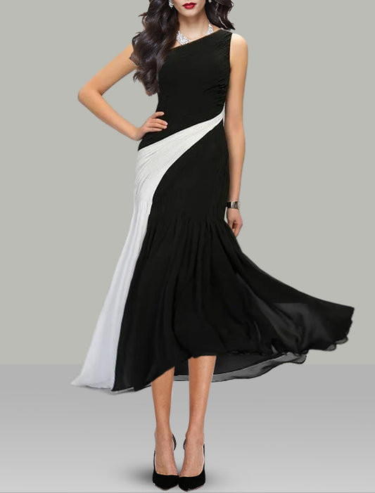 A-Line Cocktail Dresses Black Dress Wedding Guest Holiday Tea Length Sleeveless One Shoulder Chiffon with Ruched