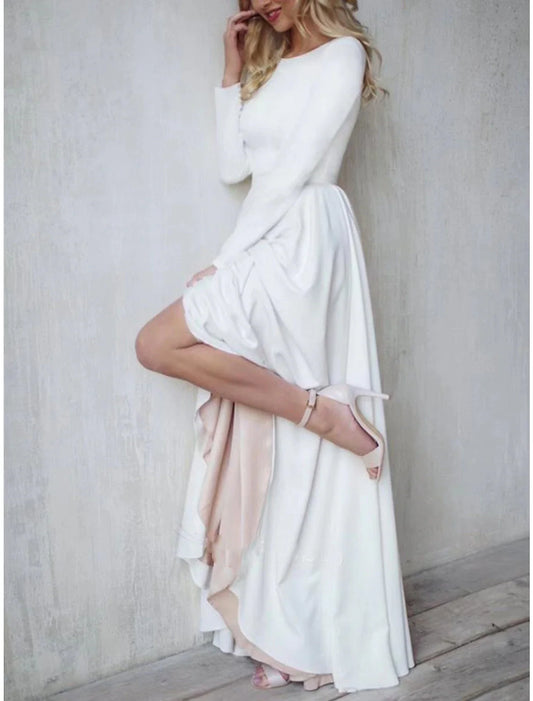 A-Line Evening Gown Open Back Dress Formal Wedding Guest Asymmetrical Long Sleeve Jewel Neck Fabric with Buttons Pleats 2026