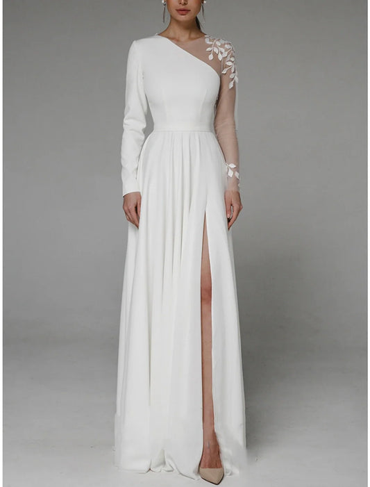 A-Line Evening Gown Party Dress Formal Floor Length Long Sleeve Jewel Neck Chiffon with Pleats Slit Appliques 2026
