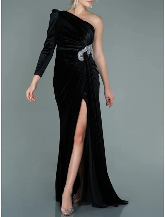 A-Line Evening Gown Christmas Elegant Dress Formal Sweep / Brush Train Long Sleeve One Shoulder Velvet with Glitter Pleats Ruched 2026