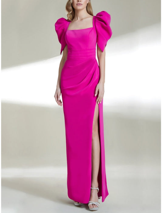 A-Line Evening Gown High Split Dress Formal Ankle Length Short Sleeve Square Neck Fabric with Ruched Slit