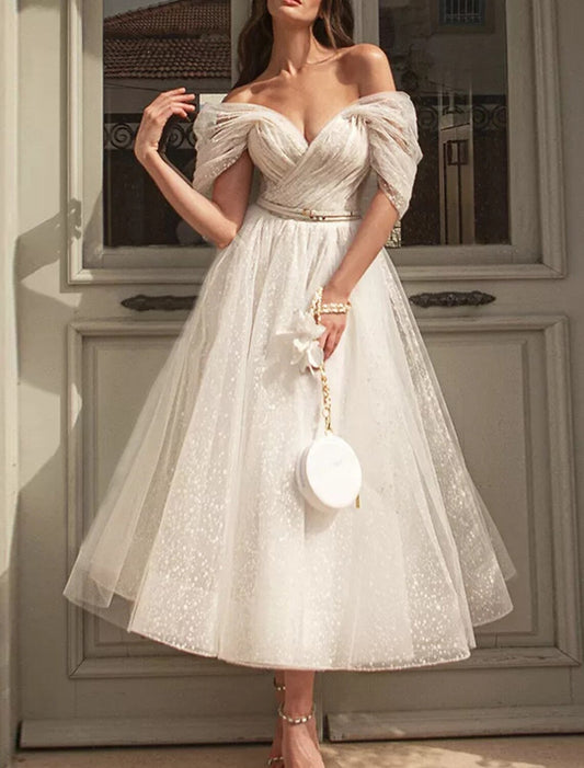 A-Line Cocktail Black Dress Vintage Dress Graduation Wedding Guest Tea Length Short Sleeve Off Shoulder Sequined with Sash / Ribbon Ruched Sequin 2026