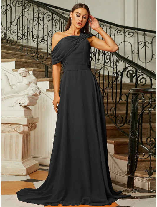 A-Line Evening Gown Elegant Dress Formal Wedding Guest Sweep / Brush Train Short Sleeve One Shoulder Fabric with Pleats Ruched