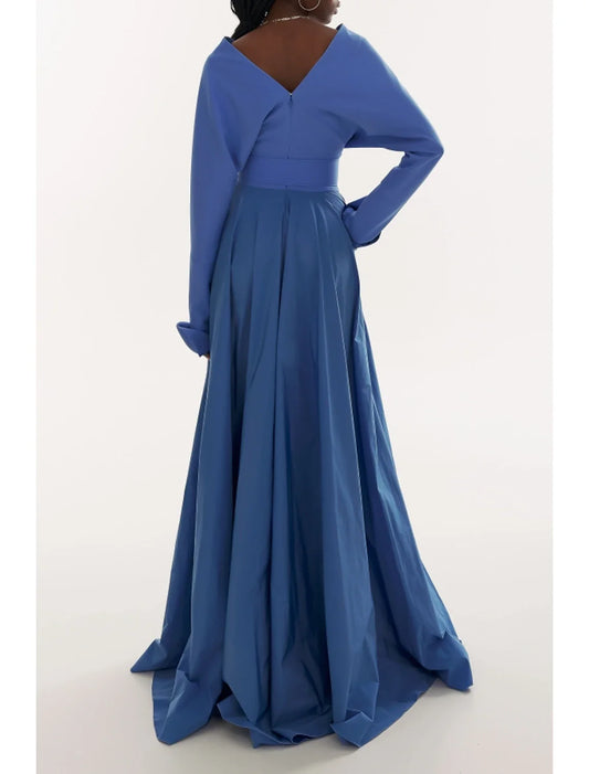 A-Line Evening Gown Elegant Dress Formal Fall Sweep / Brush Train Long Sleeve V Neck Fabric with Pleats Ruched