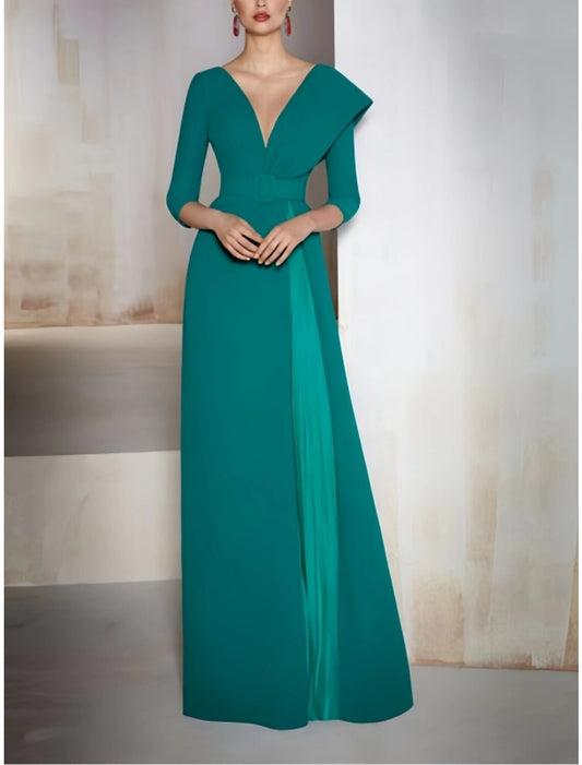 A-Line Evening Gown Elegant Dress Formal Fall Sweep / Brush Train 3/4 Length Sleeve V Neck Fabric with Pleats 2026