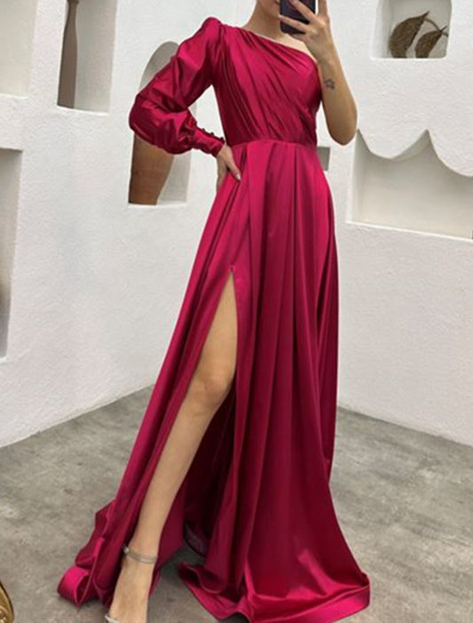A-Line Evening Gown Elegant Dress Wedding Reception Fall Sweep / Brush Train Long Sleeve One Shoulder Charmeuse with Ruched Slit