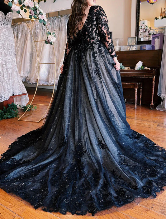 A-Line Evening Gown Black Dress Plus Size Formal Wedding Court Train Sleeveless V Neck Fall Wedding Reception Tulle with Slit Appliques 2026