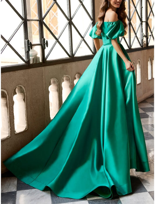 A-Line Evening Gown Elegant Dress Formal Court Train Short Sleeve Off Shoulder Satin with Pleats Slit