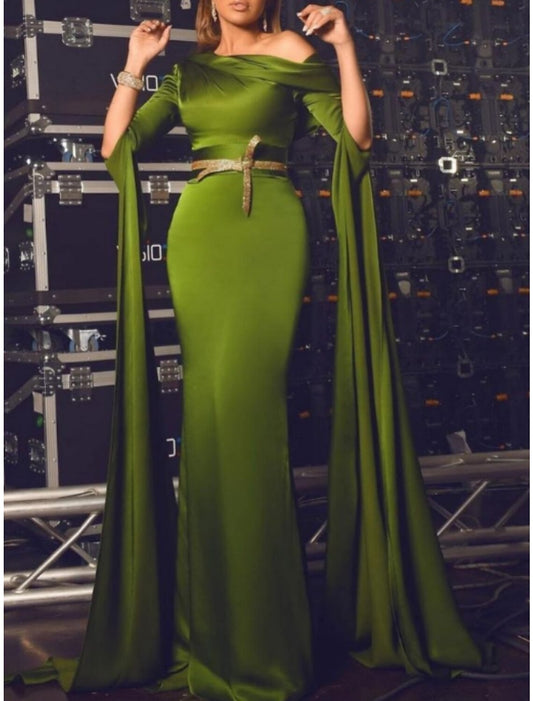 A-Line Evening Gown Elegant Dress Formal Court Train Long Sleeve Off Shoulder Satin with Pleats Ruched Sequin